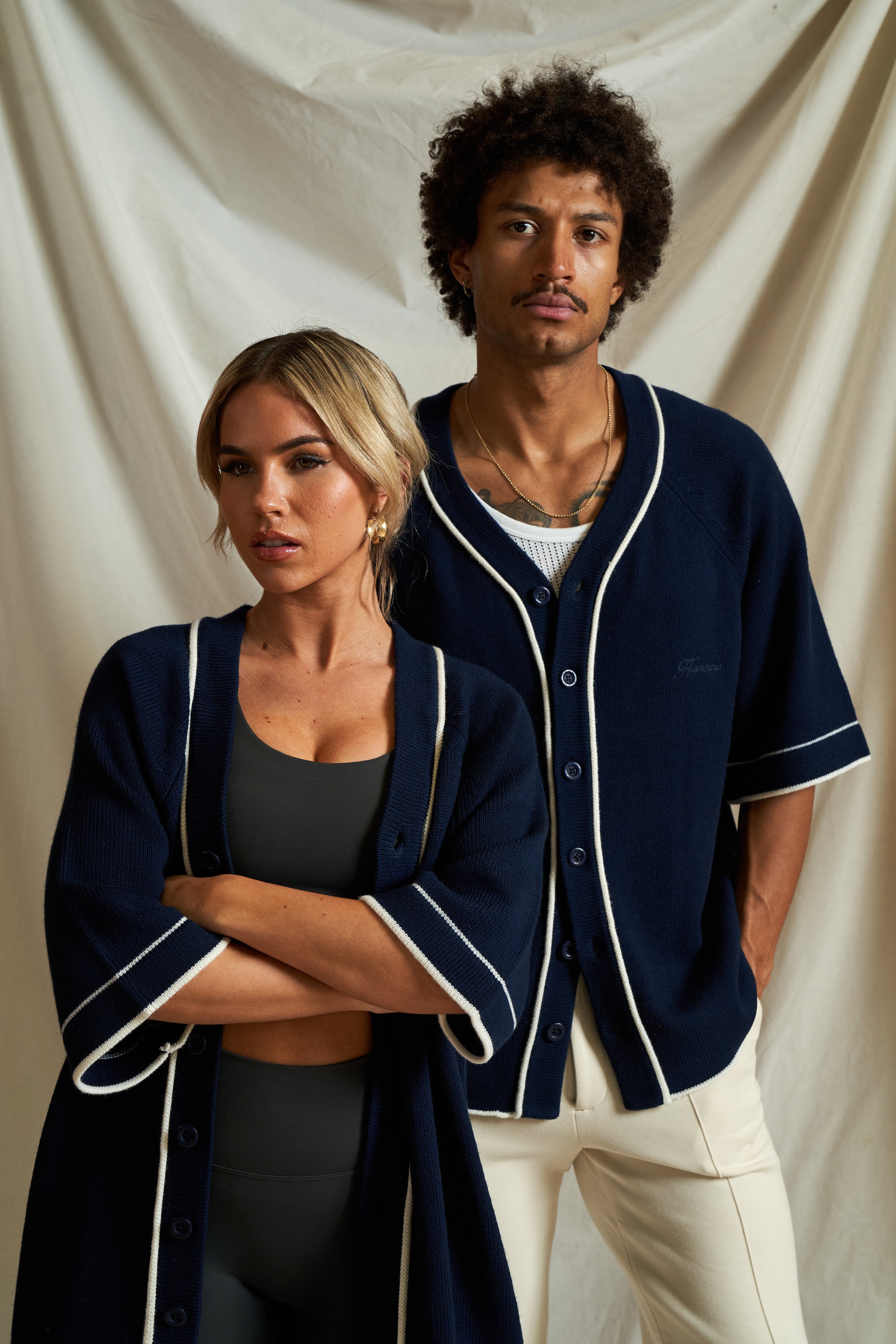 Knitted Baseball Shirt - Navy/White