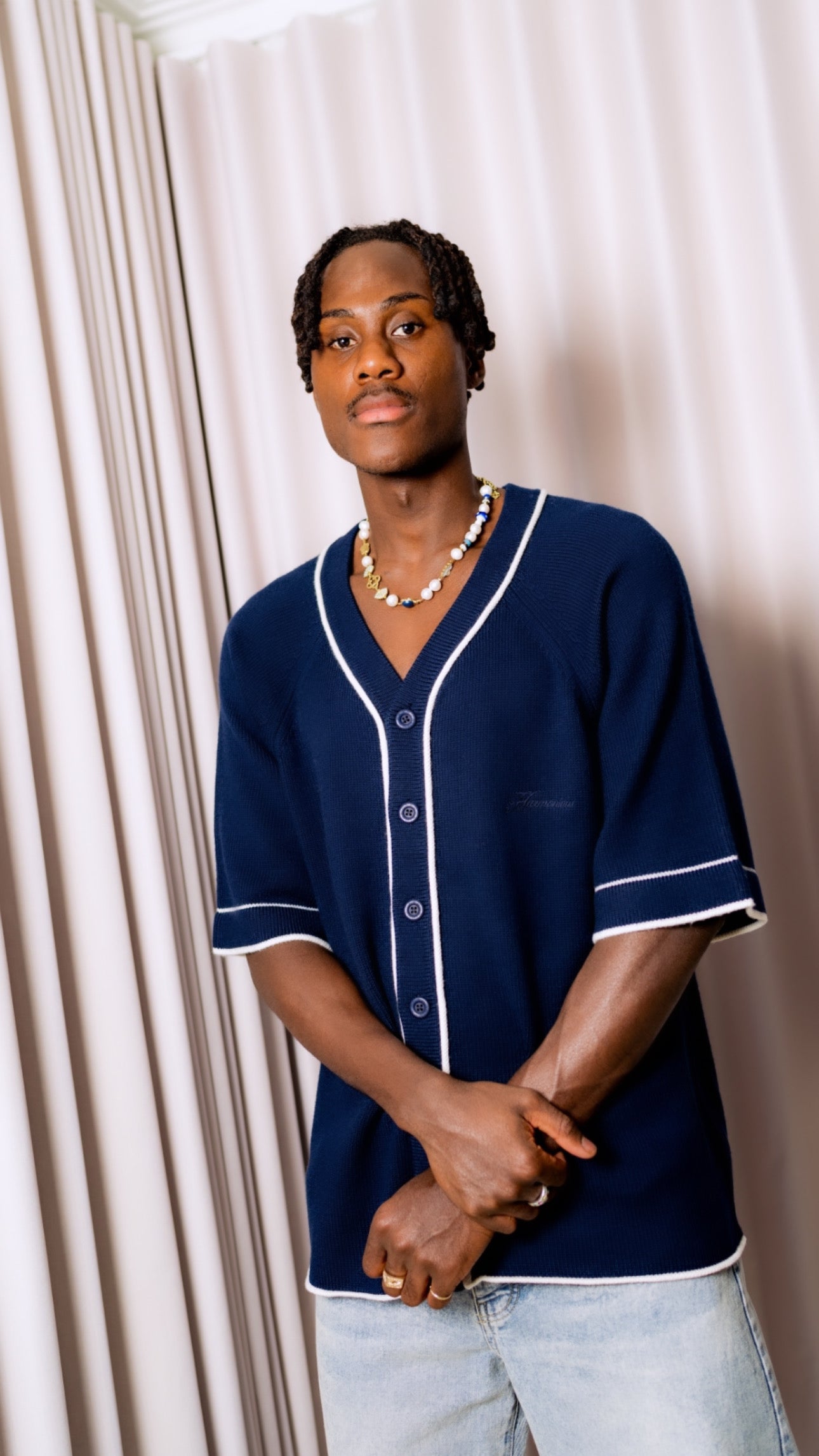 Knitted Baseball Shirt - Navy/White