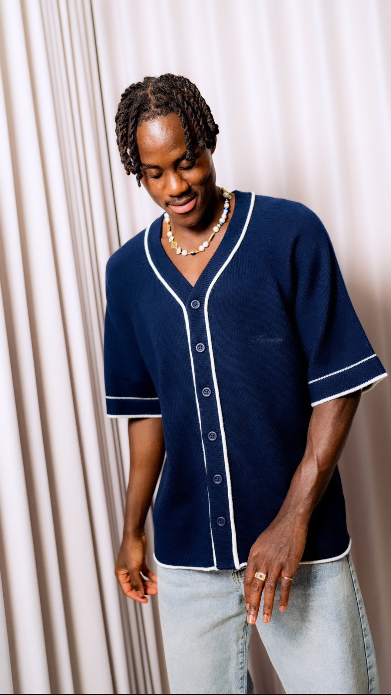 Knitted Baseball Shirt - Navy/White