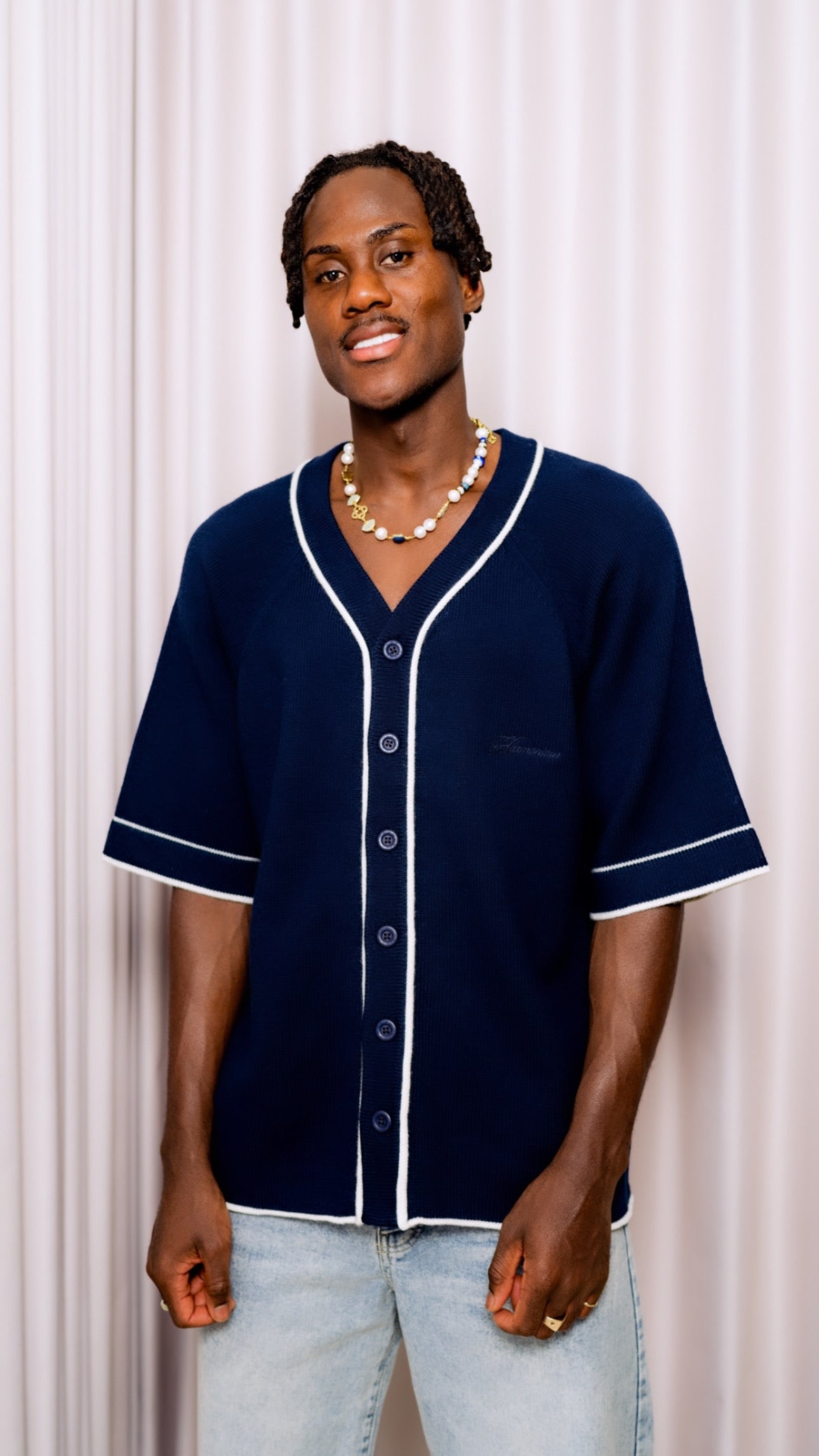 Knitted Baseball Shirt - Navy/White