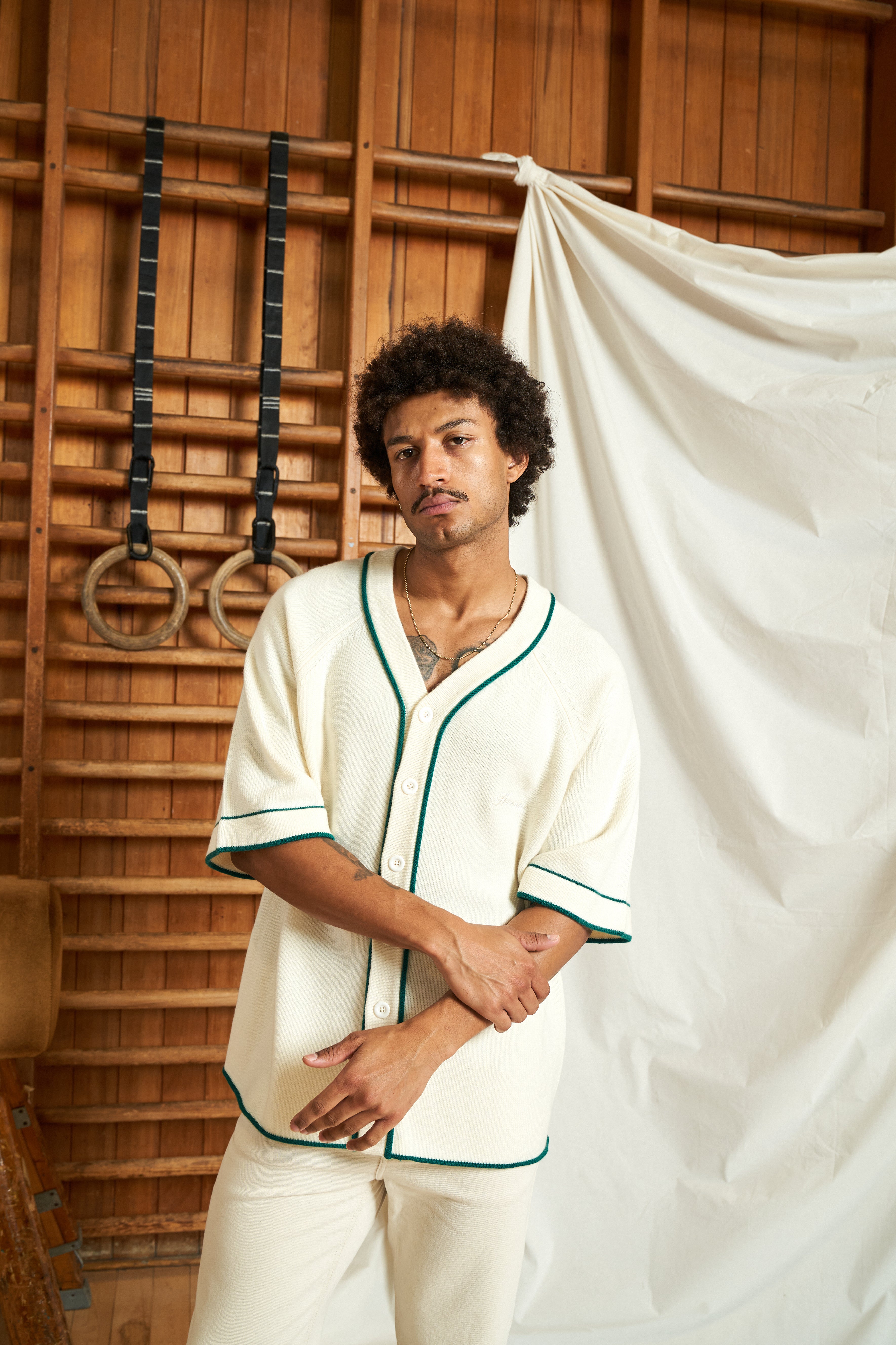 Harmonious Merino Baseball Shirt - Cream/Green