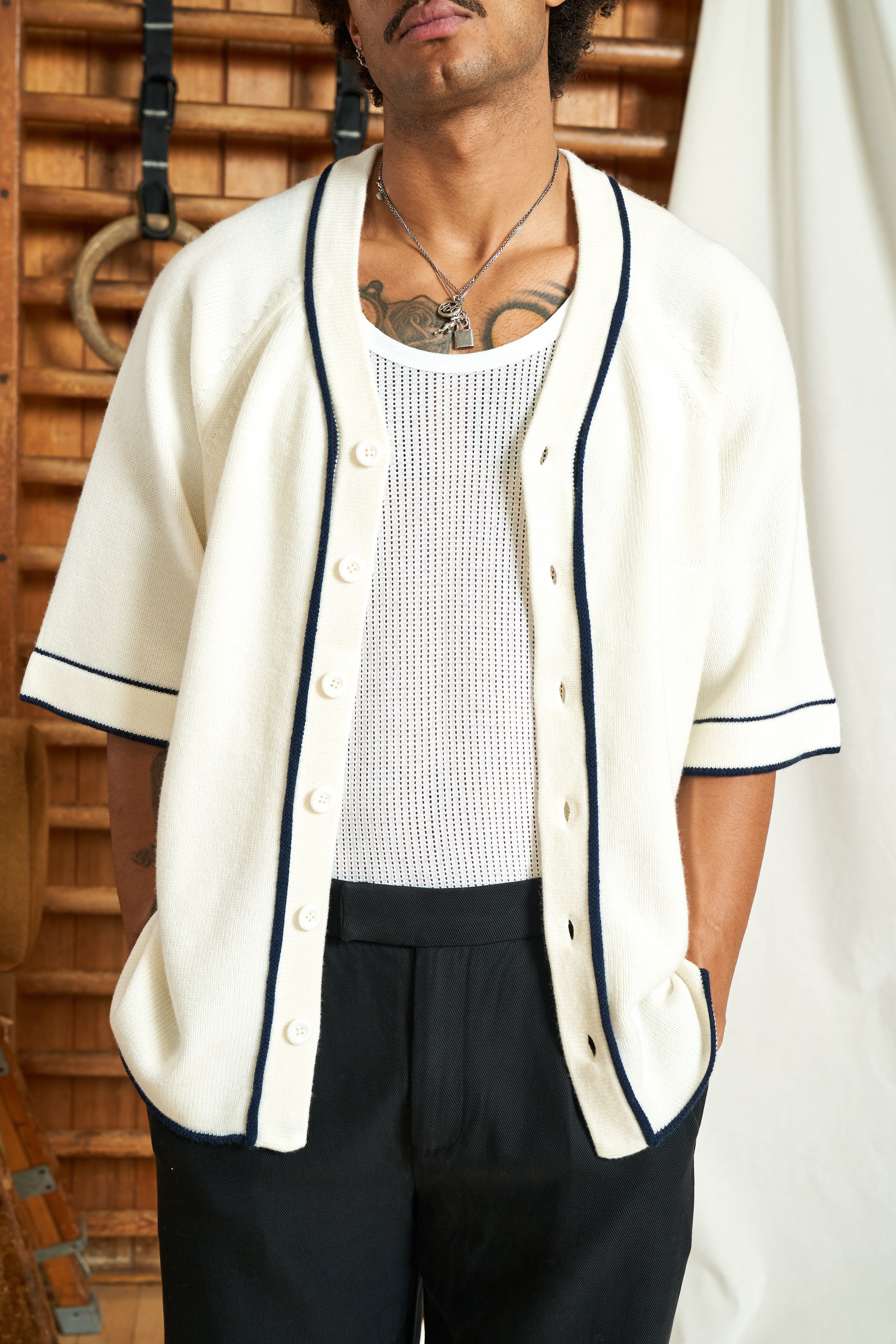 Harmonious Merino Baseball Shirt - Off-White/Navy