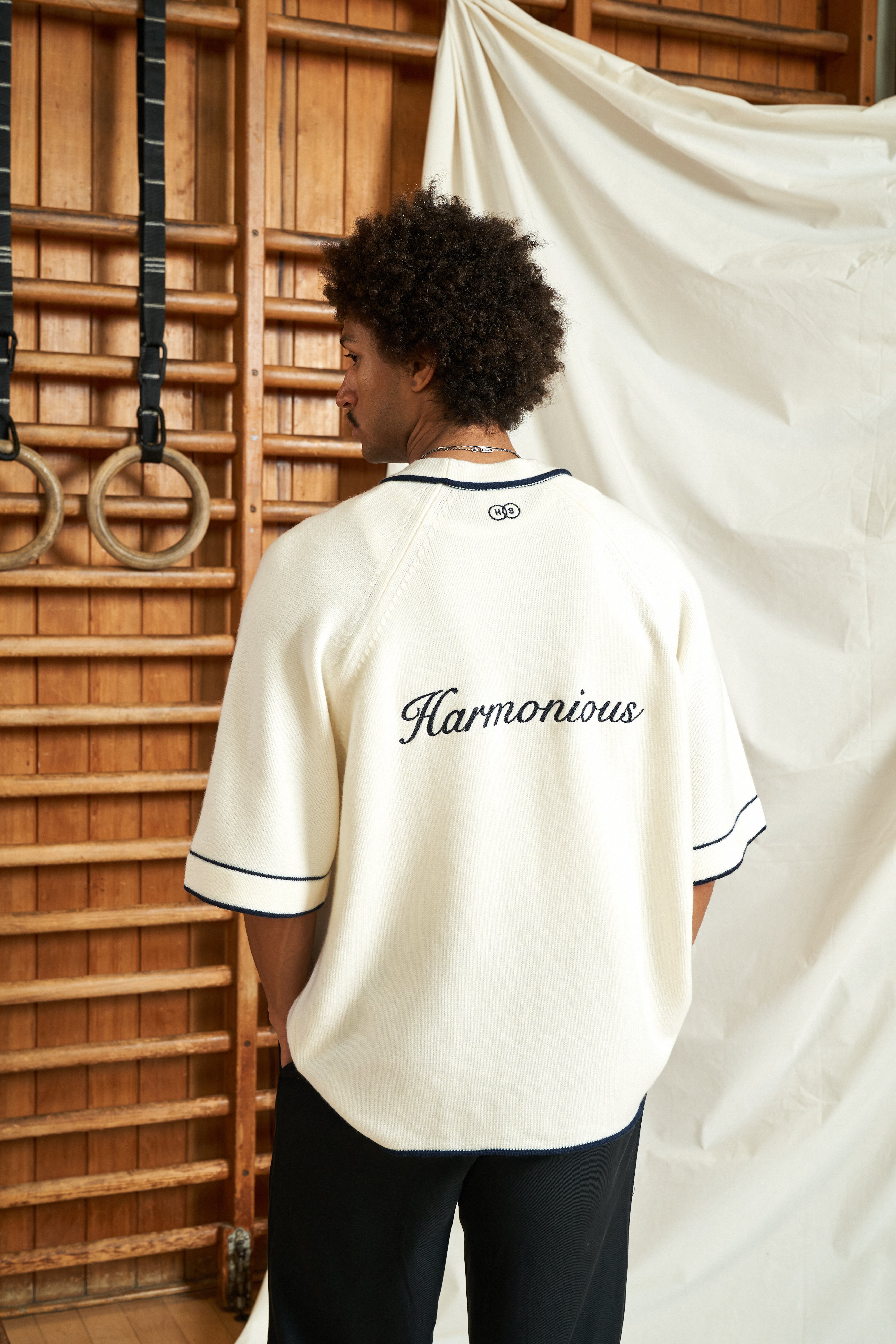 Harmonious Merino Baseball Shirt - Off-White/Navy