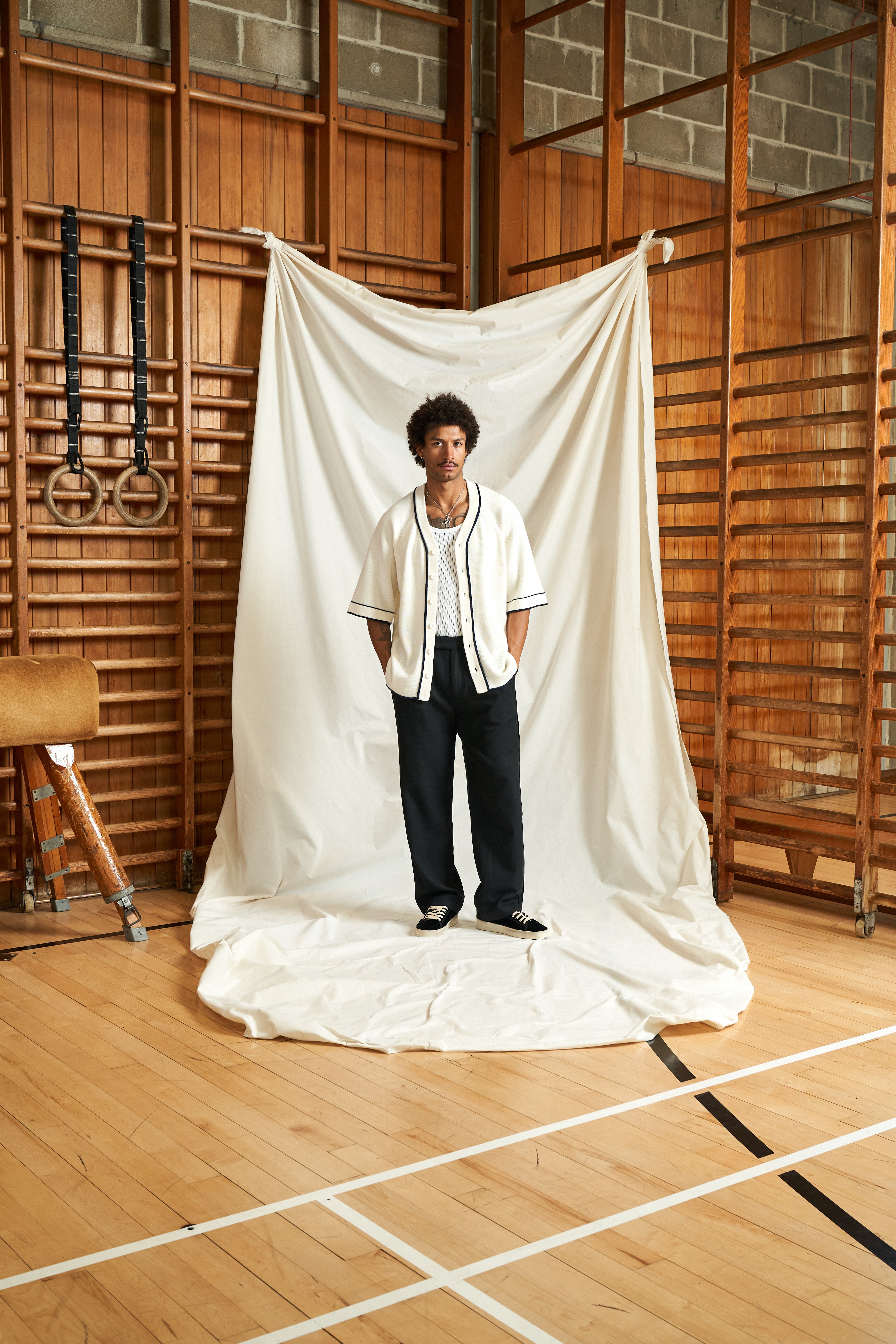 Harmonious Merino Baseball Shirt - Off-White/Navy
