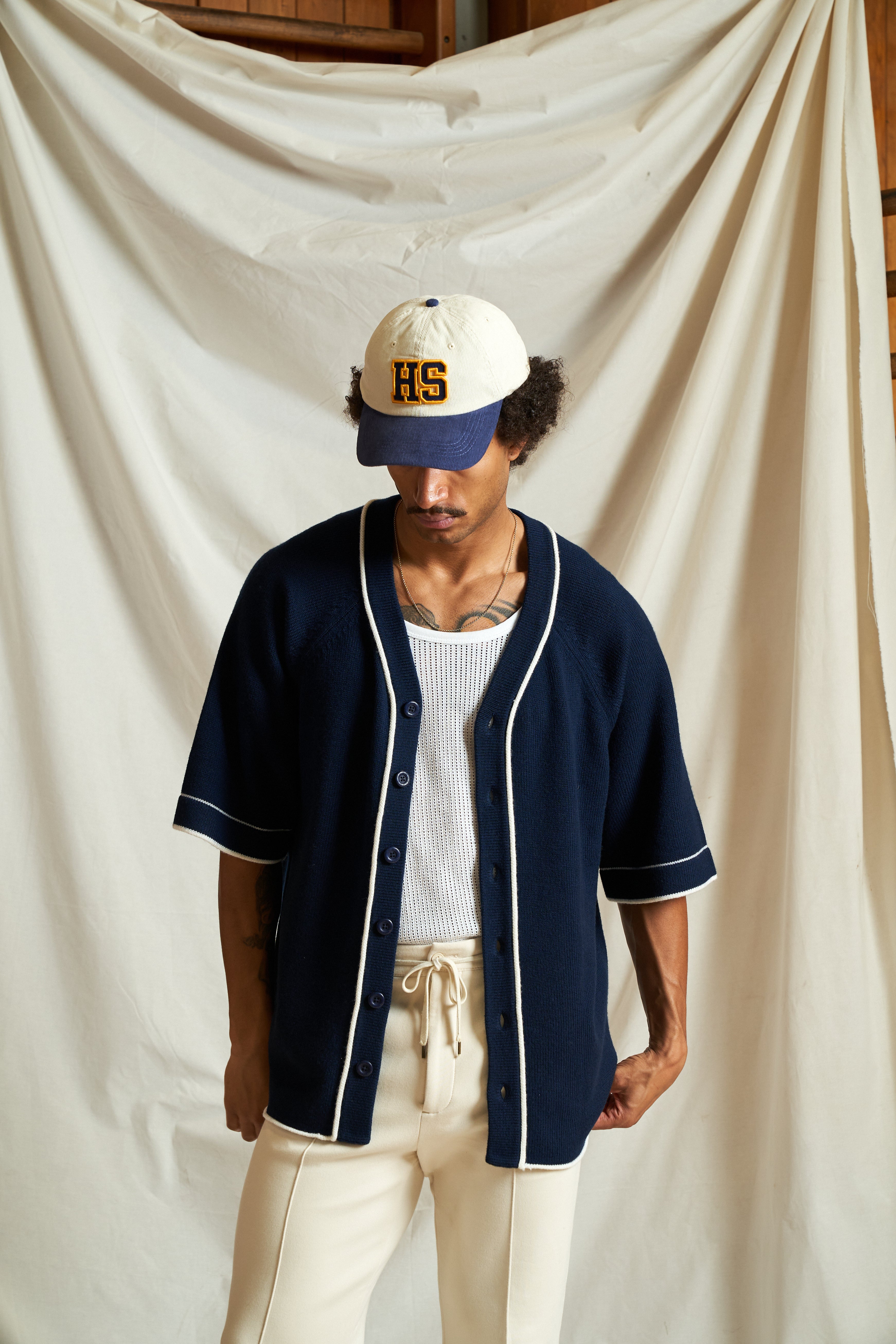 Harmonious Merino Baseball Shirt - Navy/White