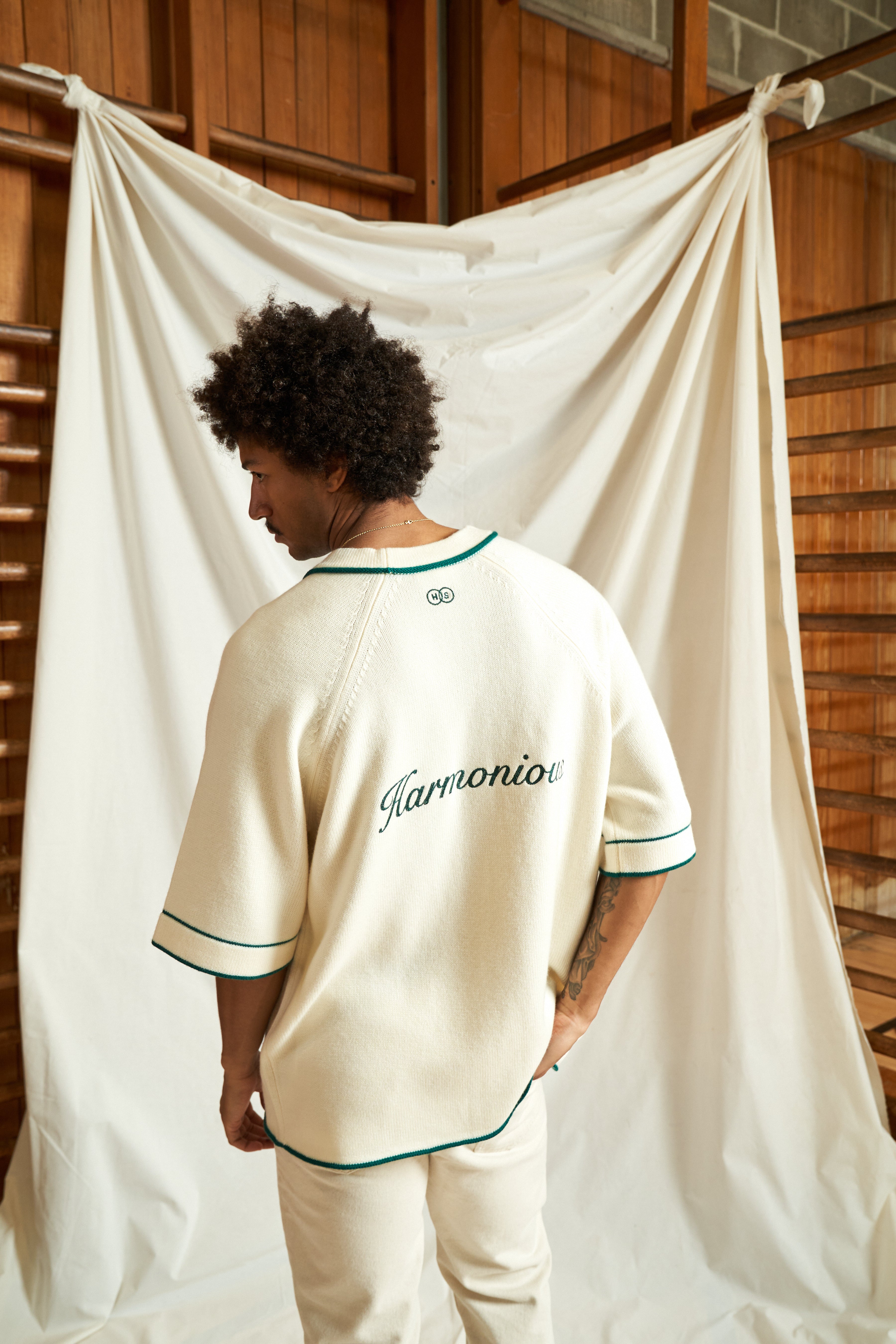 Harmonious Merino Baseball Shirt - Cream/Green